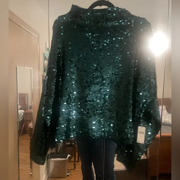 Anthropologie Alani Cashmere Mock Neck Sweater Sequin Ed EMERALD GREEN Sz XL NWT - Picture 9 of 14